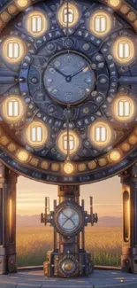 Steampunk clock tower with glowing lights under sunset sky.