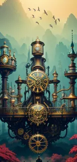 Steampunk clock tower amid mystical teal mountains.