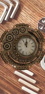 Steampunk clock with gears on rustic wood background.