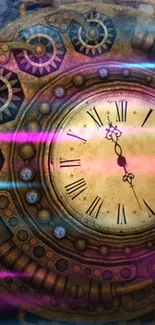 Steampunk clock with gears and neon lights for mobile wallpaper.