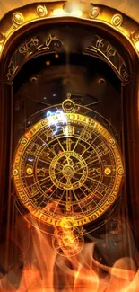 Intricate steampunk clock with glowing golden elements.