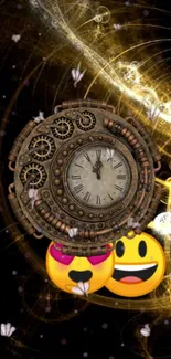 Steampunk clock with gears and emojis on a dark background wallpaper.