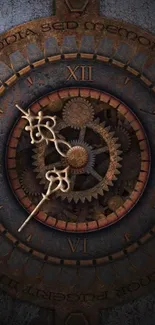 Intricate steampunk clock with gears and roman numerals.