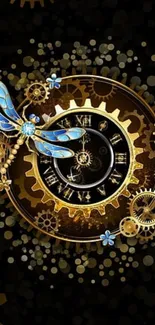 Steampunk clockwork design with gears and dragonfly.