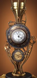 Steampunk clockwork art with gears and cogs in bronze tones.