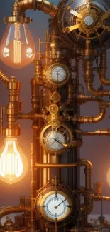 Steampunk clockwork art with glowing lights in warm copper tones.