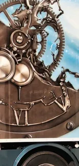 Steampunk artwork with clock gears and a blue sky background.