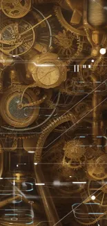 Steampunk wallpaper with intricate golden gears and mechanical elements.