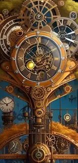 Steampunk clockwork art with brass gears on a blue background.