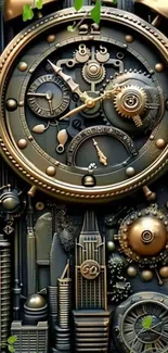 Intricate steampunk clockwork design with dark metallic elements.