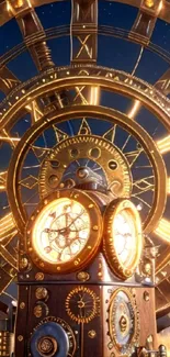 Steampunk clockwork art with glowing gears and intricate details.