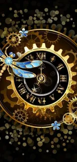 Steampunk clock with gears and a blue dragonfly in the center.