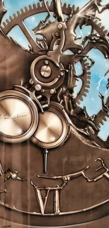 Steampunk clockwork art with gears and clock face.