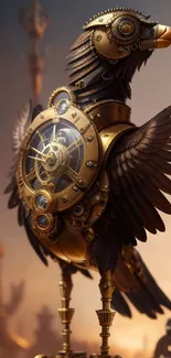 Steampunk bird with clockwork design in a fantasy setting.