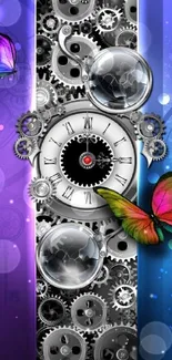 Steampunk clockwork design with colorful butterflies and gears on gradient background.