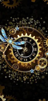 Steampunk clockwork wallpaper with gold gears and a dragonfly.