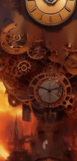 Steampunk wallpaper with clock and gears on a fiery orange background.