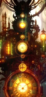 Steampunk fantasy clockwork design with golden hues in mystical forest background.