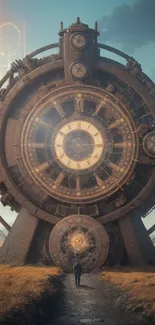 Steampunk clockwork art with gears and a futuristic landscape.