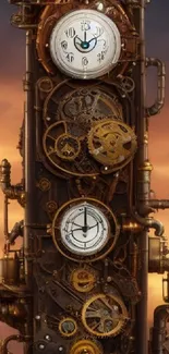 Steampunk clock with gears and sunset background.