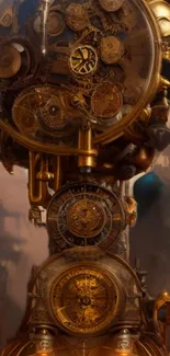 Steampunk clock design with golden gears and intricate details.