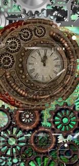 Steampunk fantasy wallpaper with clock and gears in green.