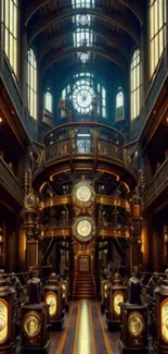 Steampunk interior featuring intricate clockwork and vintage industrial elements.