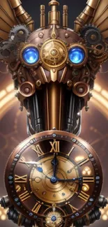 Steampunk horse head with clock and gears, glowing blue eyes, and gold accents.