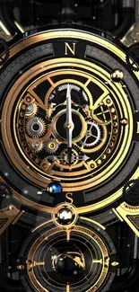 Steampunk clockwork design with gears and gold accents for mobile wallpaper.