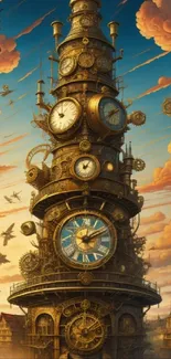 Steampunk tower with clocks and gears in a vibrant, detailed illustration.