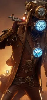 Steampunk adventurer with clock gears and glowing elements.