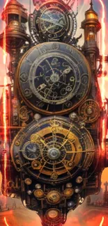 Steampunk-themed wallpaper with gears and fiery orange background.