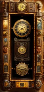 Steampunk clock with intricate gears on a mobile wallpaper in brown tones.