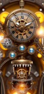 Steampunk clockwork design wallpaper with brass gears and glowing elements.