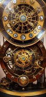 Intricate steampunk clock wallpaper with gears and metallic design elements.