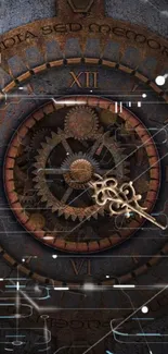 Steampunk clockwork design with vintage gears and Roman numerals.