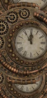 Steampunk wallpaper with clock and gears in a bronze palette.