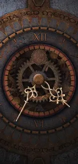 Intricate steampunk clockwork design with gears and Roman numerals.