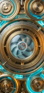 Steampunk clockwork wallpaper with gears and blue glow.