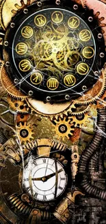 Steampunk clockwork wallpaper with gears and vintage elements.