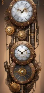 Steampunk wallpaper featuring vintage clocks and mechanical gears.