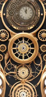 Steampunk clock with golden gears on a dark background.