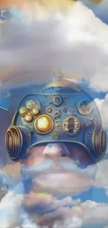 Steampunk character with gear goggles amid clouds.