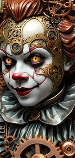 Steampunk clown artwork with intricate gears and detailed design.