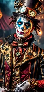 Steampunk clown in vibrant costume with clocks and colorful background.