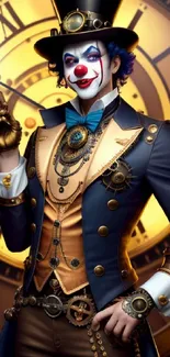 Steampunk clown with gears in fantasy art setup.