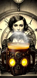 Steampunk clock and coffee mug with bronze tones.