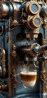 Steampunk coffee machine with rich details and a cup of coffee.