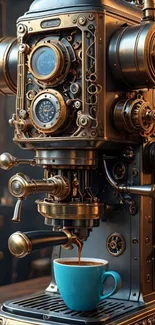 Steampunk coffee machine with blue mug pouring espresso.