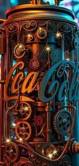 Steampunk Coke machine art with intricate gears and vibrant colors.